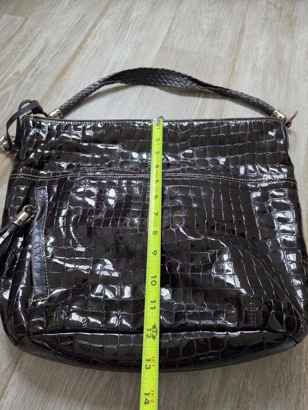 Brighton Cher Black Patent Croc Embossed Large Shoulder Bag Tassel Purse GUC - Picture 11 of 12